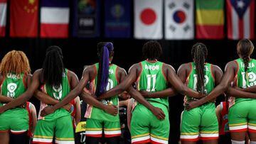 Players from Mali stand for their national anthem prior to their Women's Basketball World Cup group B game between Serbia and Mali in Sydney on September 26, 2022. - -- IMAGE RESTRICTED TO EDITORIAL USE - STRICTLY NO COMMERCIAL USE -- (Photo by BRENDON THORNE / AFP) / -- IMAGE RESTRICTED TO EDITORIAL USE - STRICTLY NO COMMERCIAL USE -- (Photo by BRENDON THORNE/AFP via Getty Images)