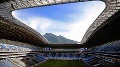 (FILES) This file photo taken on December 10, 2017, shows a view of the BBVA Bancomer Stadium in Monterrey, Nuevo Leon State, Mexico, before the start of the 2017 Mexican Apertura football final match between Monterrey and Tigres. - At a televised announcement in New York on June 16, 2022, officials confirmed the list of venues for the FIFA 2026 World Cup co-hosted by Canada, Mexico and the United States, for what will be the first ever 48-team World Cup. Mexico will be hosting the finals for a third time after serving as solo hosts in 1970 and 1986. Mexico City's Azteca Stadium will be the first stadium to feature in three separate World Cups. Other Mexican venues include Guadalajara's Estadio Akron and Monterrey's Estadio BBVA. (Photo by ALFREDO ESTRELLA / AFP)