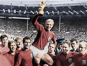 England captain Bobby Moore holds the Jules Rimet Trophy aloft after England's World Cup win in 1966, the Three Lions' only major international triumph so far.