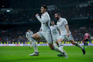 Alvaro Morata of Real Madrid CF celebrates scoring their second goal during the La Liga match between Real Madrid CF and Athletic Club de Bilbao