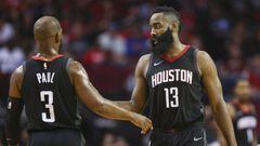 Nov 27, 2017; Houston, TX, USA; Houston Rockets guard Chris Paul (3) and guard James Harden (13) talk during the second quarter against the Brooklyn Nets at Toyota Center. Mandatory Credit: Troy Taormina-USA TODAY Sports
