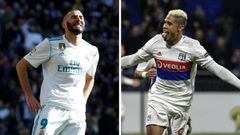 Los delanteros de Real Madrid y Olympique de Lyon, Karim Benzema y Mariano D&iacute;az.