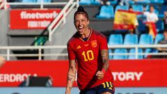 (FILES) FILES) Spain's forward Jenni Hermoso celebrates scoring a goal during the women's international friendly football match between Spain and Norway at the Can Misses stadium in Ibiza on April 6, 2023. Spain player Jenni Hermoso has filed a criminal complaint over the kiss suspended football chief Luis Rubiales gave her on the mouth at the Women's World Cup final, a source at Spain's public prosecutors office said on September 6. (Photo by JAIME REINA / AFP)