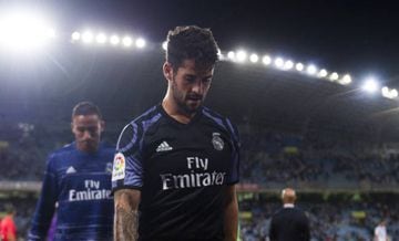 Isco of Real Madrid reacts on after to the start the La Liga match between Real Sociedad de Futbol and Real Madrid at Estadio Anoeta on August 21, 2016 in San Sebastian, Spain.