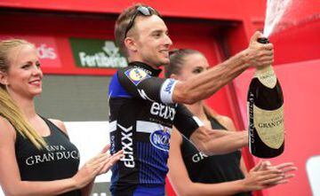 Etixx-Quick Step cyclist Gianluca Brambilla celebrates on the podium after winning the 15th stage of the 71st edition of "La Vuelta" Tour of Spain, a 120km route Sabinanigo to Formigal, on September 4, 2016. 