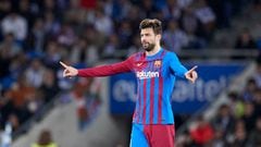 SAN SEBASTIAN, SPAIN - APRIL 21: Gerard Pique of FC Barcelona reacts during the Spanish league match of La Liga between, Real Sociedad and FC Barcelona at Reale Arena on April 21, 2022, in San Sebastian, Spain. (Photo By Ricardo Larreina/Europa Press via Getty Images)