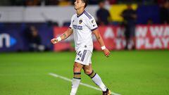 May 27, 2023; Carson, California, USA; Los Angeles Galaxy forward Javier Hernandez (14) reacts after being ejected against Charlotte FC during the second half at Dignity Health Sports Park. Mandatory Credit: Gary A. Vasquez-USA TODAY Sports