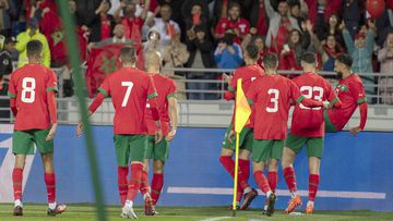 Rabat (Morocco), 25/03/2023.- Moroccan players celebrate a goal during the friendly soccer match between Morocco and Brazil, in Tangier, Morocco, 25 March 2023. (Futbol, Amistoso, Brasil, Marruecos, Tánger) EFE/EPA/Jalal Morchidi
