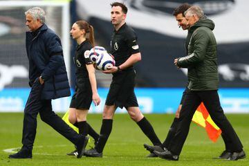 English assistant referee Sian Massey-Ellis walks off after Manchester United's 3-1 win in the English Premier League football match against Tottenham Hotspur.