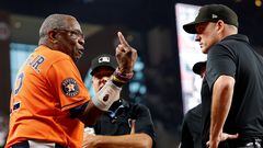 ARLINGTON, TEXAS - OCTOBER 20: Manger Dusty Baker #12 of the Houston Astros argues with the umpires after Martin Maldonado #15 was ejected from the game against the Texas Rangers during the eighth inning in Game Five of the American League Championship Series at Globe Life Field on October 20, 2023 in Arlington, Texas.   Carmen Mandato/Getty Images/AFP (Photo by Carmen Mandato / GETTY IMAGES NORTH AMERICA / Getty Images via AFP)