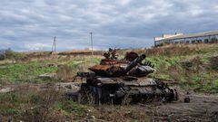 KUNIE, UKRAINE - OCTOBER 14: A destroyed tank is pictured near a farm on October 14, 2022 in Kunie, Kharkiv oblast, Ukraine. Russia's President Vladimir Putin stated today that there is no need for more massive strikes on Ukraine following the heaviest bombardment of the country since the war began. (Photo by Carl Court/Getty Images)