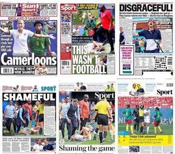Las portadas de la prensa inglesa sobre el partido entre Inglaterra y Camerún.