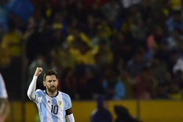 Messi celebrates after scoring against Ecuador.
