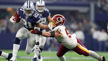 ARLINGTON, TX - NOVEMBER 24: Ezekiel Elliott #21 of the Dallas Cowboys rushes the ball during the fourth quarter against the Washington Redskins at AT&amp;T Stadium on November 24, 2016 in Arlington, Texas.   Tom Pennington/Getty Images/AFP == FOR NEWSPAPERS, INTERNET, TELCOS &amp; TELEVISION USE ONLY ==