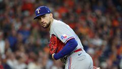 Oct 16, 2023; Houston, Texas, USA; Texas Rangers starting pitcher Nathan Eovaldi (17) prepares to pitch in the sixth inning against the Houston Astros during game two of the ALCS for the 2023 MLB playoffs at Minute Maid Park. Mandatory Credit: Thomas Shea-USA TODAY Sports
