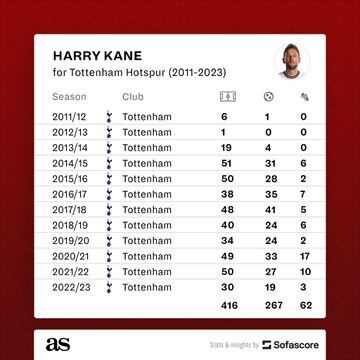 Harry Kane's Spurs goals per season