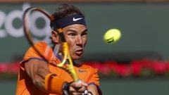 20 March 2022, US, Indian Wells: Spanish tennis player Rafael Nadal in action against USA&#039;s Taylor Fritz during their Men&#039;s Singles Final Tennis match of the Indian Wells Masters tennis tournament at Indian Wells Tennis Garden. Photo: Charles Ba