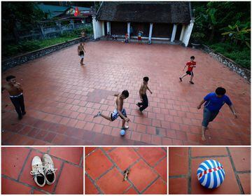 En Vietman también se juega al fútbol sobre los adoquines de un templo en Hoang Xa.