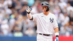 BRONX, NEW YORK - APRIL 15: Aaron Judge #99 of the New York Yankees reacts after hitting a double in the fifth inning against the Minnesota Twins at Yankee Stadium on April 15, 2023 in Bronx, New York. All players are wearing the number 42 in honor of Jackie Robinson Day.   Mike Stobe/Getty Images/AFP (Photo by Mike Stobe / GETTY IMAGES NORTH AMERICA / Getty Images via AFP)