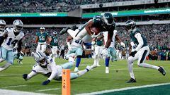 Kenneth Gainwell #14 of the Philadelphia Eagles dives for a touchdown