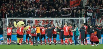 Bayer Leverkusen celebrate their victory over Bayern.