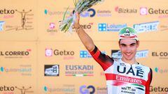 GETXO, SPAIN - JULY 31: Juan Ayuso Pesquera of Spain and UAE Team Emirates celebrates winning the race on the podium ceremony after the 77th Circuito de Getxo - Memorial Hermanos Otxoa 2022 a 196,5km one day race from Bilbao to Getxo 60m / #Getxokirolak / on July 31, 2022 in Getxo, Spain. (Photo by Gonzalo Arroyo Moreno/Getty Images)