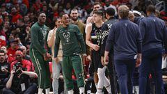 Apr 22, 2022; Chicago, Illinois, USA; Milwaukee Bucks guard Grayson Allen (7) celebrates with teammates after scoring against the Chicago Bulls during the second half of game three of the first round for the 2022 NBA playoffs at United Center. Mandatory C