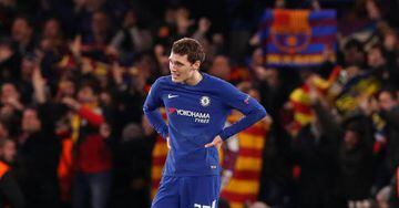 Soccer Football - Champions League Round of 16 First Leg - Chelsea vs FC Barcelona - Stamford Bridge, London, Britain - February 20, 2018 Chelsea's Andreas Christensen looks dejected after Barcelona’s Lionel Messi scores their first goal