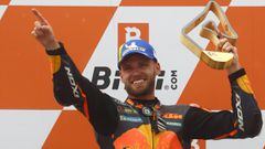 MotoGP - Austrian Grand Prix - Red Bull Ring, Spielberg, Austria - August 15, 2021 First placed Brad Binder of Red Bull KTM Factory Racing celebrates with his trophy on the podium after the race REUTERS/Borut Zivulovic