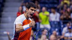 Spain's Carlos Alcaraz reacts during his 2022 US Open Tennis tournament men's singles Round of 16 match against Croatia's Marin Cilic at the USTA Billie Jean King National Tennis Center in New York, on September 5, 2022. (Photo by COREY SIPKIN / AFP)