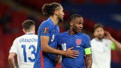 LONDON, ENGLAND - MARCH 25: Raheem Sterling of England celebrates with teammate Dominic Calvert-Lewin after scoring their team&#039;s third goal during the FIFA World Cup 2022 Qatar qualifying match between England and San Marino at Wembley Stadium on Mar
