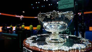 MALAGA, SPAIN - NOVEMBER 27: A detail of the Davis Cup By Rakuten Finals 2022 trophy during the Davis Cup by Rakuten Finals 2022 finals match between Canada and Australia at Palacio de los Deportes Jose Maria Martin Carpena on November 27, 2022 in Malaga, Spain. (Photo by Manuel Queimadelos/Quality Sport Images/Getty Images)