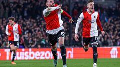 ROTTERDAM, NETHERLANDS - MARCH 16: Orkun Kokcu of Feyenoord celebrating scoring his sides second goal during the UEFA Europa League Round of 16 - Leg Two match between Feyenoord and Shakhtar Donetsk at Stadion Feijenoord de Kuip on March 16, 2023 in Rotterdam, Netherlands (Photo by Ben Gal/BSR Agency/Getty Images)