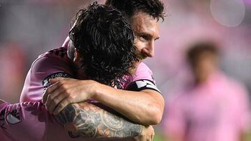 Aug 11, 2023; Fort Lauderdale, FL, USA; Inter Miami CF forward Lionel Messi (10) celebrates with forward Leonardo Campana (9) after a goal in the second half against Charlotte FC at DRV PNK Stadium. Mandatory Credit: Jeremy Reper-USA TODAY Sports     TPX IMAGES OF THE DAY