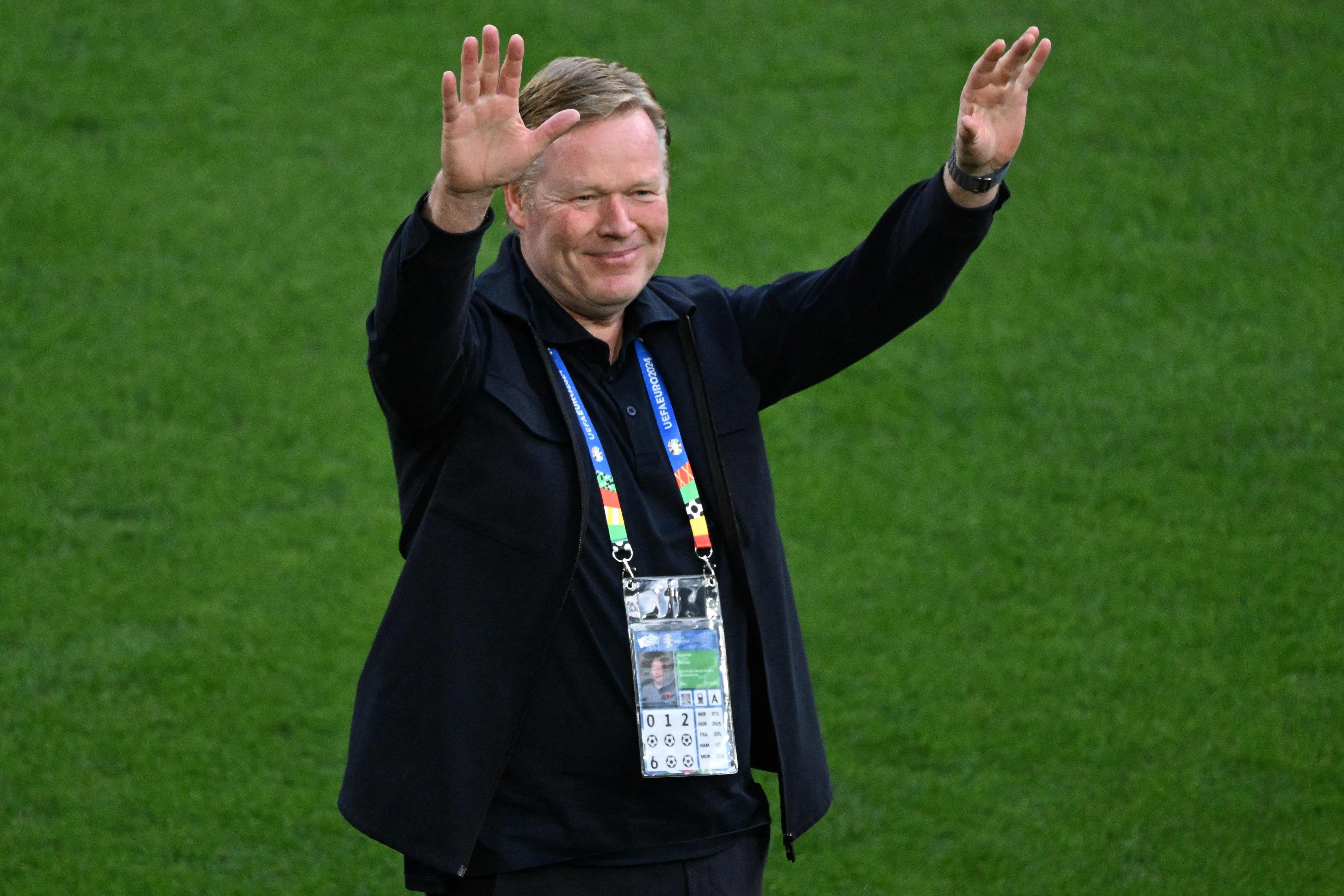 Netherlands' head coach Ronald Koeman gestures on the pitch before the start of the UEFA Euro 2024 semi-final football match between the Netherlands and England at the BVB Stadion in Dortmund on July 10, 2024. (Photo by Kirill KUDRYAVTSEV / AFP)