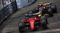 MONTE-CARLO, MONACO - MAY 28: Charles Leclerc of Monaco driving the (16) Ferrari F1-75 leads Sergio Perez of Mexico driving the (11) Oracle Red Bull Racing RB18 during final practice ahead of the F1 Grand Prix of Monaco at Circuit de Monaco on May 28, 202