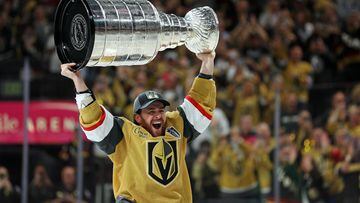 Reilly Smith #19 of the Vegas Golden Knights hoists the Stanley Cup after a win against the Florida Panthers