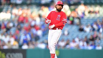 Mar 28, 2023; Anaheim, California, USA; Los Angeles Angels third baseman Anthony Rendon (6) reaches second on an RBI double against the Los Angeles Dodgers during the first inning at Angel Stadium. Mandatory Credit: Gary A. Vasquez-USA TODAY Sports