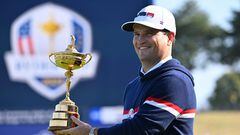 US captain, Zach Johnson holds the trophy, as he poses at the US team official team portraits ahead of the 44th Ryder Cup at the Marco Simone Golf and Country Club in Rome on September 28, 2023. (Photo by Andreas SOLARO / AFP)