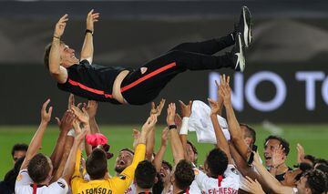Lopetegui tossed into the air after winning the Europa League.