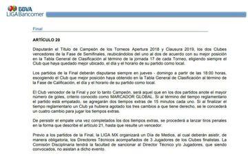 Artículo 20 del reglamento de la Liga MX que indica que la Final del torneo se debe disputar en jueves y domingo.