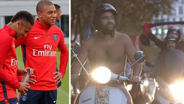 Imágenes de Neymar y Mbappé en un entrenamiento del PSG y de Jonathan, un aficionado del club parisino cumpliendo su apuesta: bajar los Campos-Eliseos de París desnudo con su moto si se cumplían sus fichajes