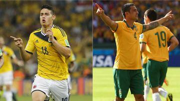 James Rodr&iacute;guez y Tim Cahill celebrando goles en el Mundial de Brasil 2014