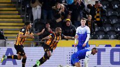 HULL, ENGLAND - OCTOBER 05: Oscar Estupinan of Hull City celebrates after scoring their side's second goal during the Sky Bet Championship between Hull City and Wigan Athletic at MKM Stadium on October 05, 2022 in Hull, England. (Photo by George Wood/Getty Images)