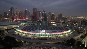 Jan 31, 2022; Los Angeles, CA, USA; A general overall aerial view of the Los Angeles Convention Center, site of the Super Bowl LVI Experience, and the downtown skyline Mandatory Credit: Kirby Lee-USA TODAY Sports