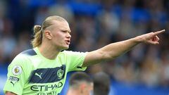 Manchester City's Norwegian striker Erling Haaland gestures during the English Premier League football match between Everton and Manchester City at Goodison Park in Liverpool, north west England on May 14, 2023. (Photo by Lindsey Parnaby / AFP) / RESTRICTED TO EDITORIAL USE. No use with unauthorized audio, video, data, fixture lists, club/league logos or 'live' services. Online in-match use limited to 120 images. An additional 40 images may be used in extra time. No video emulation. Social media in-match use limited to 120 images. An additional 40 images may be used in extra time. No use in betting publications, games or single club/league/player publications. / 