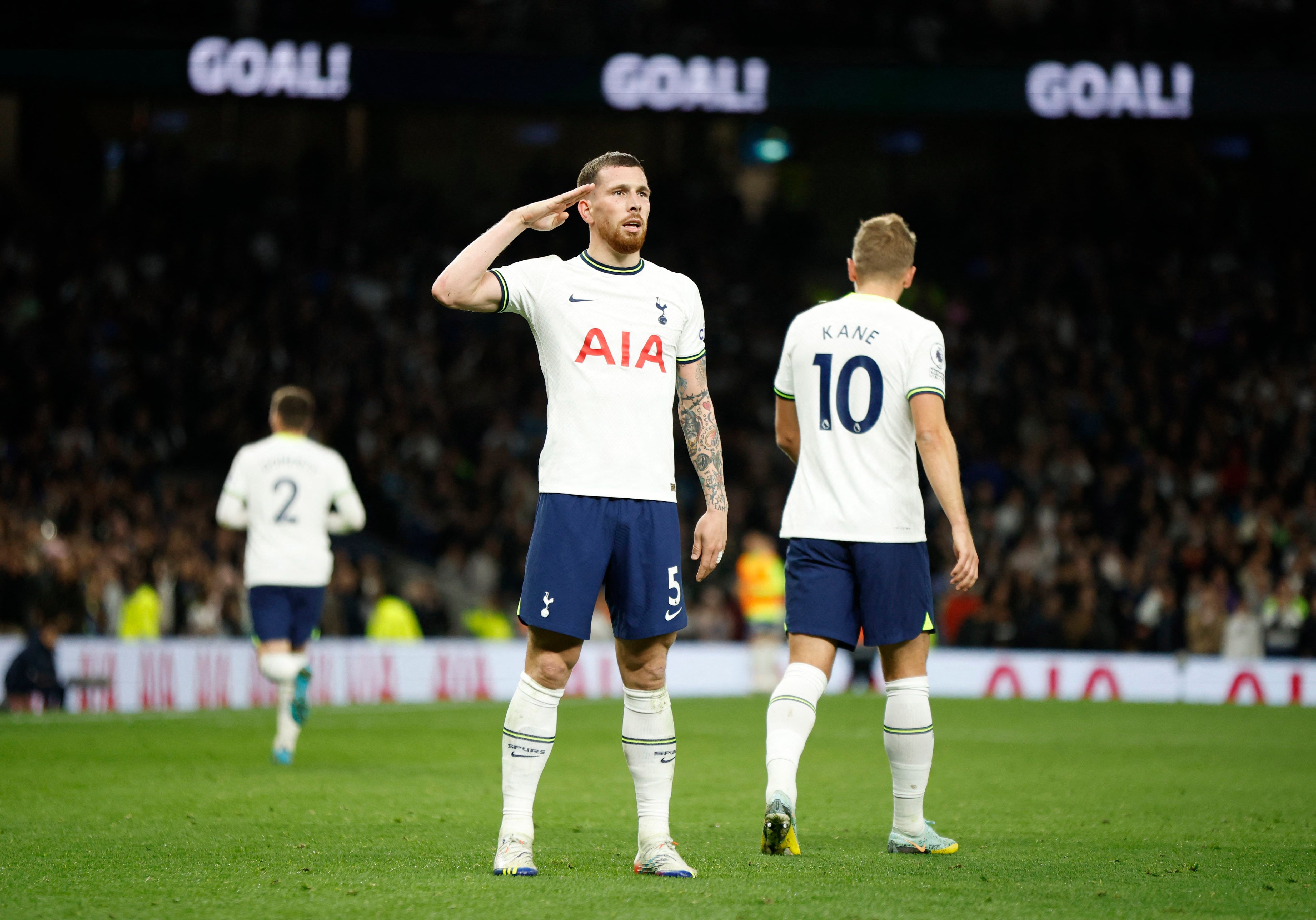 Soccer Football - Premier League - Tottenham Hotspur v Everton - Tottenham Hotspur Stadium, London, Britain - October 15, 2022 Tottenham Hotspur's Pierre-Emile Hojbjerg celebrates scoring their second goal Action Images via Reuters/John Sibley EDITORIAL USE ONLY. No use with unauthorized audio, video, data, fixture lists, club/league logos or 'live' services. Online in-match use limited to 75 images, no video emulation. No use in betting, games or single club /league/player publications.  Please contact your account representative for further details.