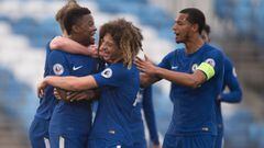 MADRID, SPAIN - MARCH 14: Daishawn Redan (left) of Chelsea celebrates after scoring his team&#039;s  first goal during the UEFA Youth League Quarter-final between Real Madrid and Chelsea at estadio Alfredo Di Stefano on March 14, 2018 in Madrid, Spain. (P