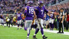 MINNEAPOLIS, MN - NOVEMBER 19: Adam Thielen #19 of the Minnesota Vikings and Case Keenum #7 celebrate after scoring a touchdown in the fourth quarter of the game on November 19, 2017 at U.S. Bank Stadium in Minneapolis, Minnesota.   Adam Bettcher/Getty Images/AFP == FOR NEWSPAPERS, INTERNET, TELCOS &amp; TELEVISION USE ONLY ==