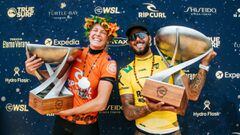 SAN CLEMENTE, CALIFORNIA - SEPTEMBER 8: Filipe Toledo of Brazil and Stephanie Gilmore of Australia after winning the World Title at the Rip Curl WSL Finals on September 8, 2022 at San Clemente, California. (Photo by Thiago Diz/World Surf League)